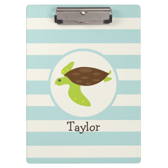 Cute Green & Brown Sea Turtle; Robins Egg Blue Clipboard (Front)