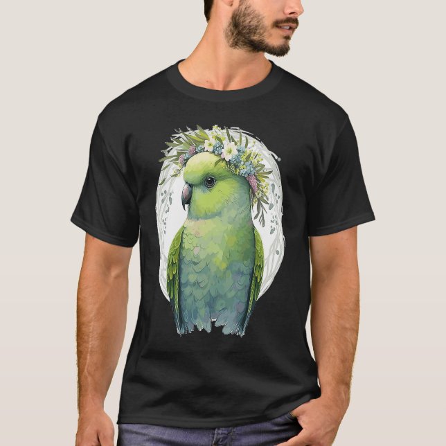 Cute Green Budgie Parakeet Bird Flower Crown Pet B T-Shirt (Front)