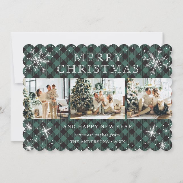 Cute Green Buffalo Plaid Snowflake 3 Photo Collage Holiday Card (Front)