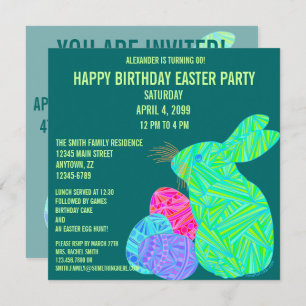 Cute Green Bunny Fun Easter Theme Birthday Invitation