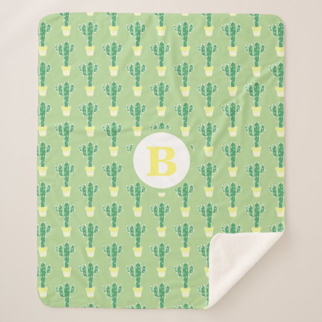 Cute Green Cactus in Yellow Pots | Monogram Sherpa Blanket (Front)