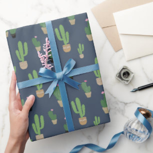 Cute Green Cactus Pattern On Blue Wrapping Paper