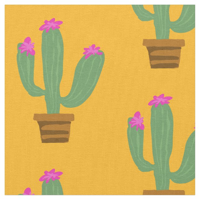 Cute green cactus plant with flower in pot pattern fabric (Close Up)