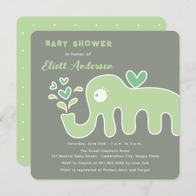 Cute Green Cartoon Elephant Whimsical Baby Shower Invitation (Front/Back)