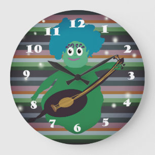 Cute green cartoon fellow , Music Kids Room Clock