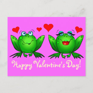 Cute Green Cartoon Frogs Hoppy Valentines Day Pink Holiday Postcard
