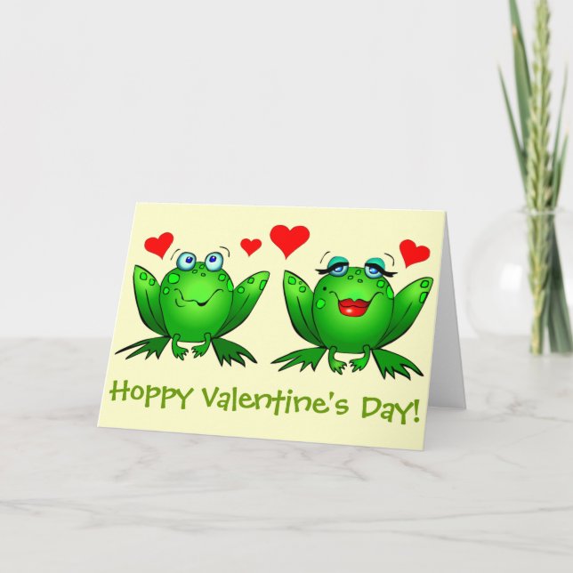 Cute Green Cartoon Frogs Hoppy Valentines Holiday Card (Front)