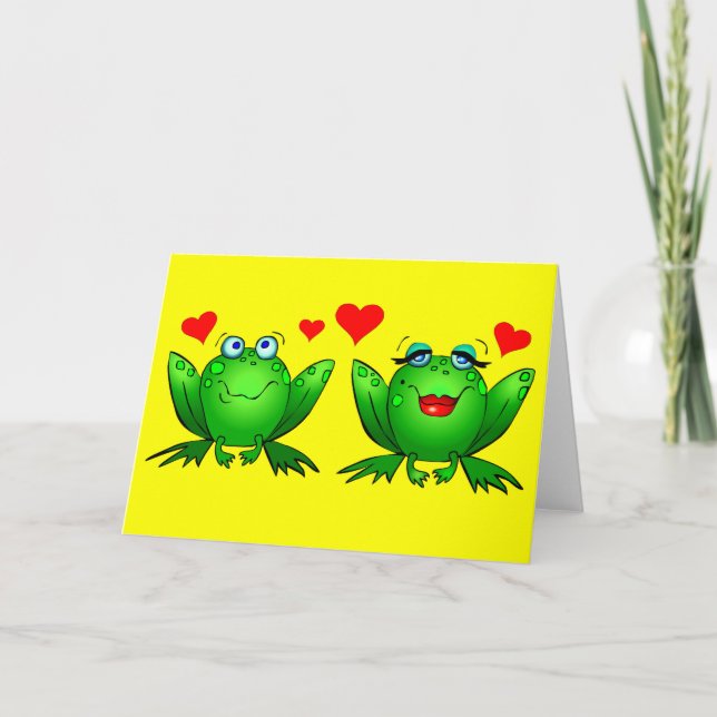 Cute Green Cartoon Frogs Love Hearts Yellow Blank Card (Front)