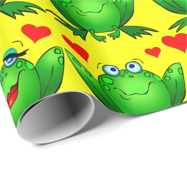 Cute Green Cartoon Frogs Love Hearts Yellow Wrapping Paper (Roll Corner)