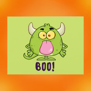 Cute Green Cartoon Monster Boo Halloween Holiday Postcard