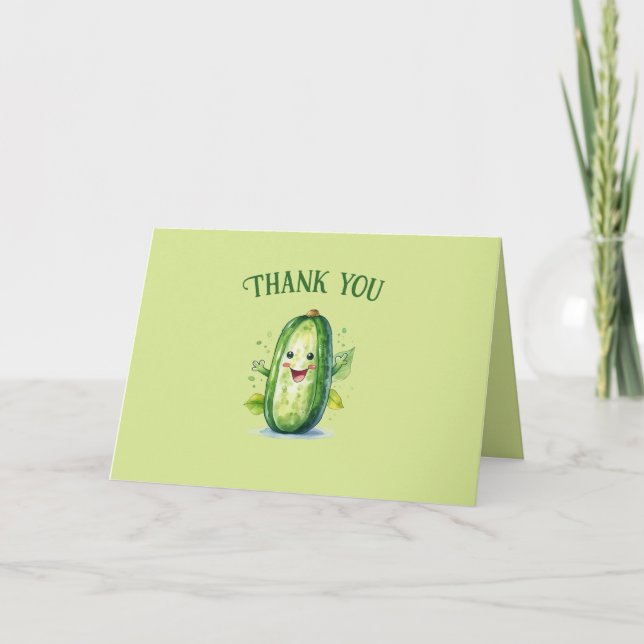 Cute Green Cartoon Pickle Thank You Card (Front)
