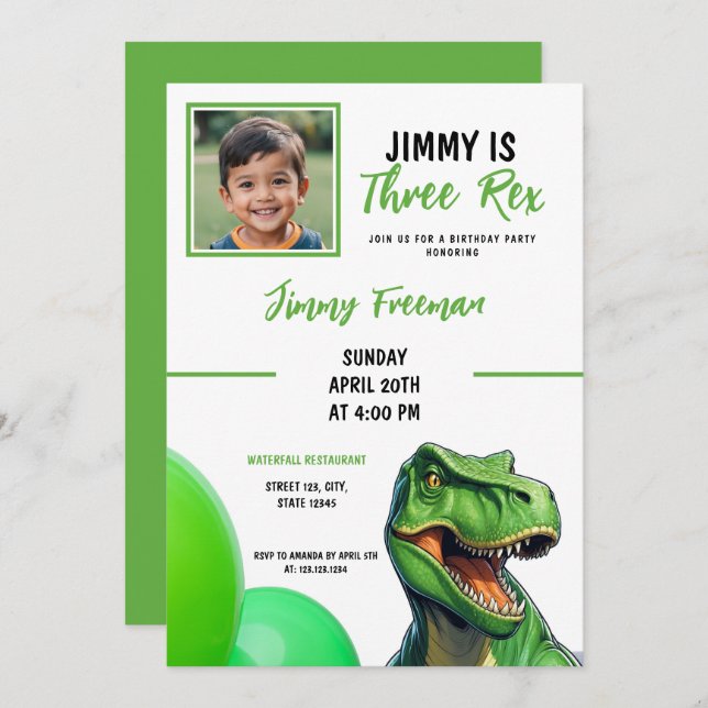 Cute Green Cartoon Trex Photo Birthday Invitation (Front/Back)