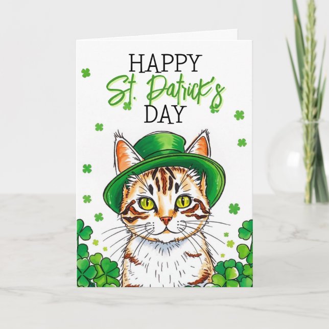Cute Green Cat with Shamrocks St Patrick's Day Card (Front)