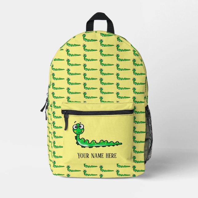 cute green caterpillar (name) printed backpack (Front)