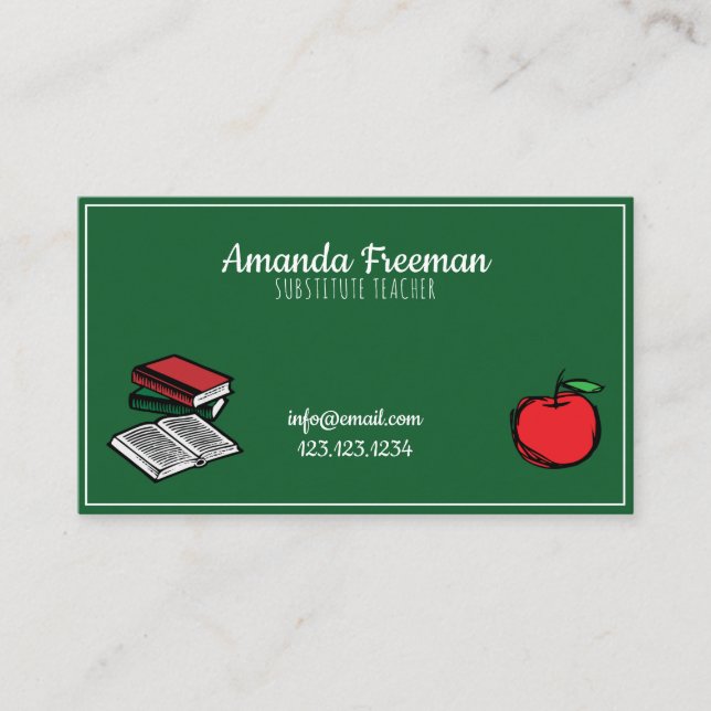 Cute Green Chalkboard & Apple Substitute Teacher Business Card (Front)