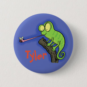 Cute green chameleon catching a bug cartoon button