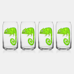 Cute Green Chameleon Illustration Tropical Reptile Can Glass