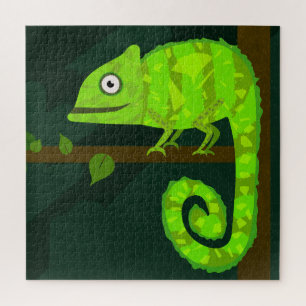 Cute Green Chameleon Illustration Tropical Reptile Jigsaw Puzzle