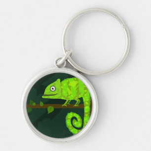 Cute Green Chameleon Illustration Tropical Reptile Key Ring