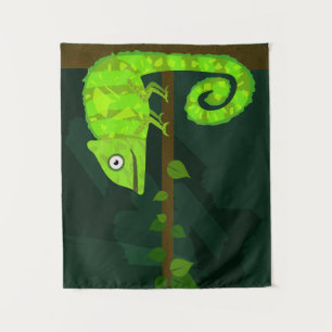 Cute Green Chameleon Illustration Tropical Reptile Tapestry