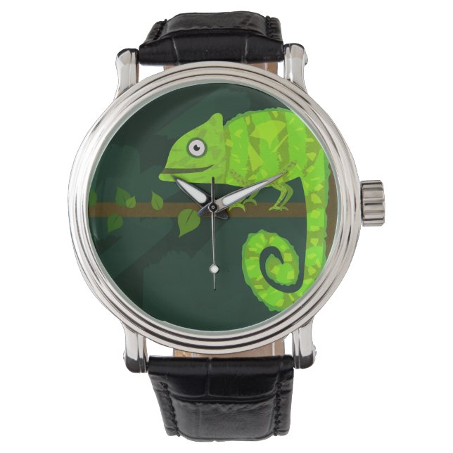 Cute Green Chameleon Illustration Tropical Reptile Watch (Front)