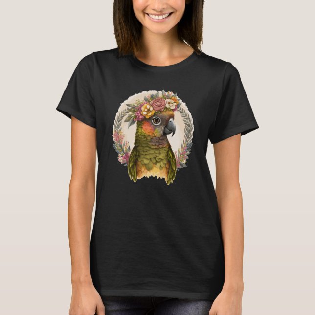 Cute Green Cheek Conure Parrot Bird Flower Crown P T-Shirt (Front)