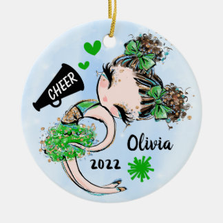 Cute Green Cheerleader Girl Ornament Brown Hair