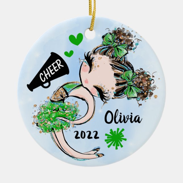 Cute Green Cheerleader Girl Ornament Brown Hair (Front)