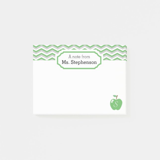 Cute Green Chevron Apple Monogrammed Teacher Note (Front)