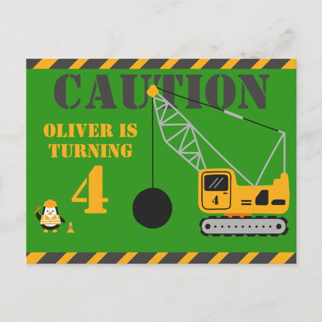 Cute Green Children's Construction Party Invitation Postcard (Front)