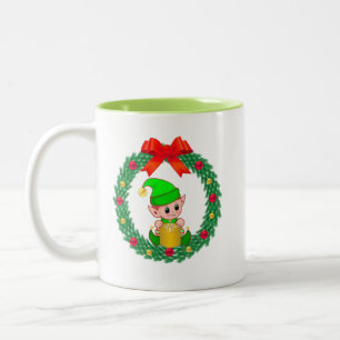 Cute Green Christmas Elf & Christmas Wreath Two-Tone Coffee Mug