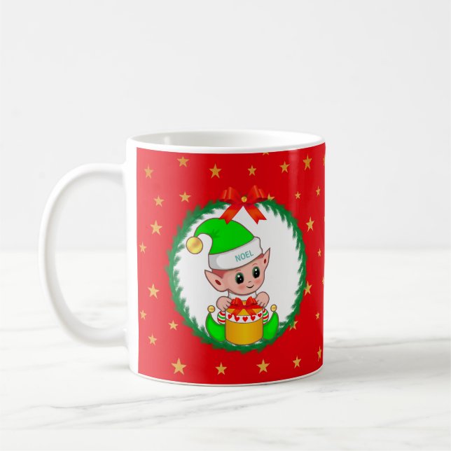 Cute Green Christmas Elf, Pine Wreath & Stars Coffee Mug (Left)