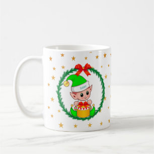 Cute Green Christmas Elf, Pine Wreath & Stars Coffee Mug