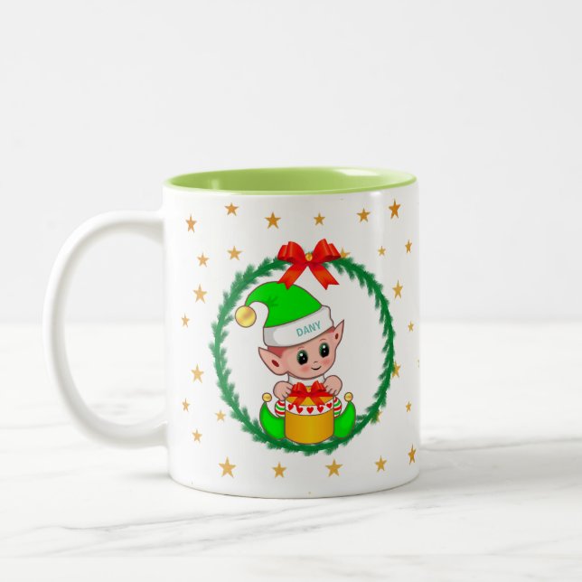 Cute Green Christmas Elf, Pine Wreath & Stars Two-Tone Coffee Mug (Left)