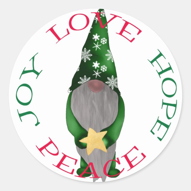 Cute Green Christmas Gnome with Star Classic Round Sticker (Front)