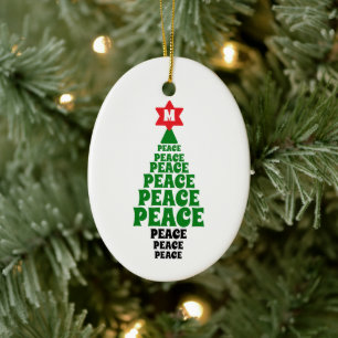 Cute Green Christmas Peace Tree Add Initial Ceramic Ornament