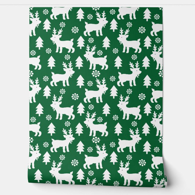Cute Green Christmas Reindeer Pattern Kids Nursery Wallpaper (Unrolling)