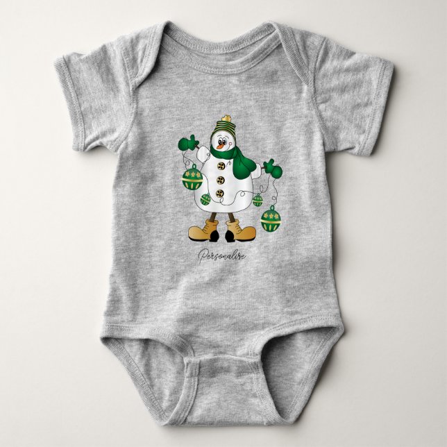 Cute Green Christmas Snowman   Baby Bodysuit (Front)