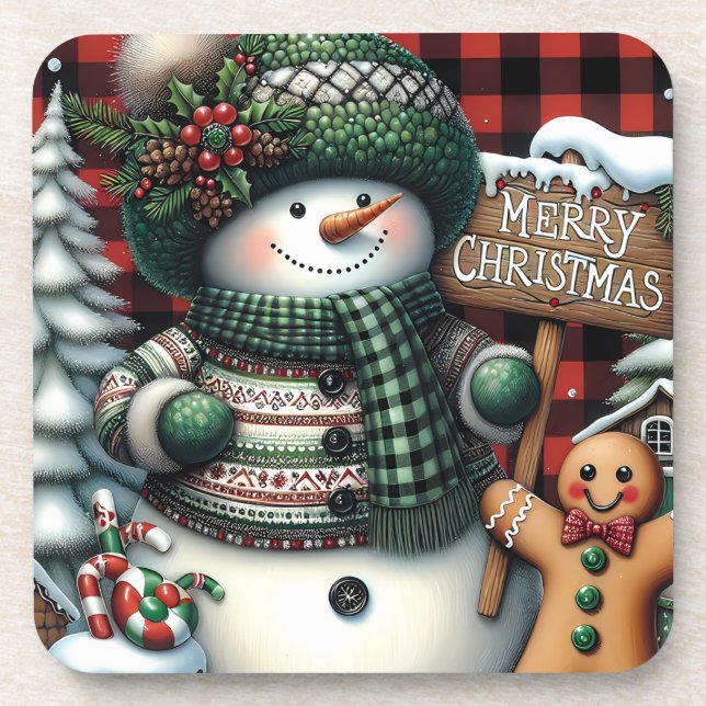 Cute Green Christmas Snowman Coaster (Front)