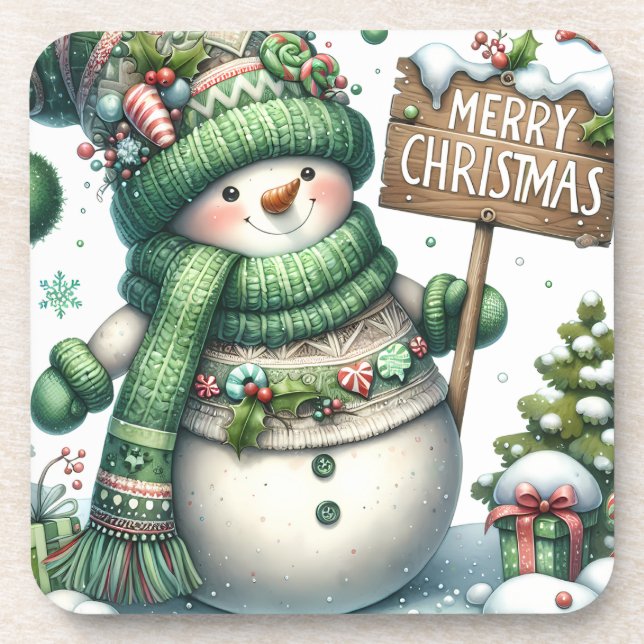 Cute Green Christmas Snowman Coaster (Front)