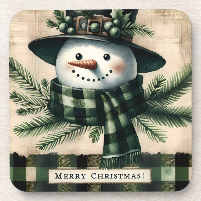 Cute Green Christmas Snowman Coaster (Front)