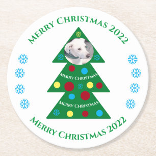 Cute Green Christmas Tree Celebration Holiday Dog Round Paper Coaster