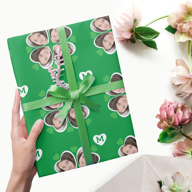 Cute Green Clover Four Leaf Hearts Photo Monogram Wrapping Paper (Creator Uploaded)