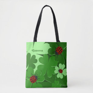 Cute Green Clover Leaves Ladybug Name Tote Bag