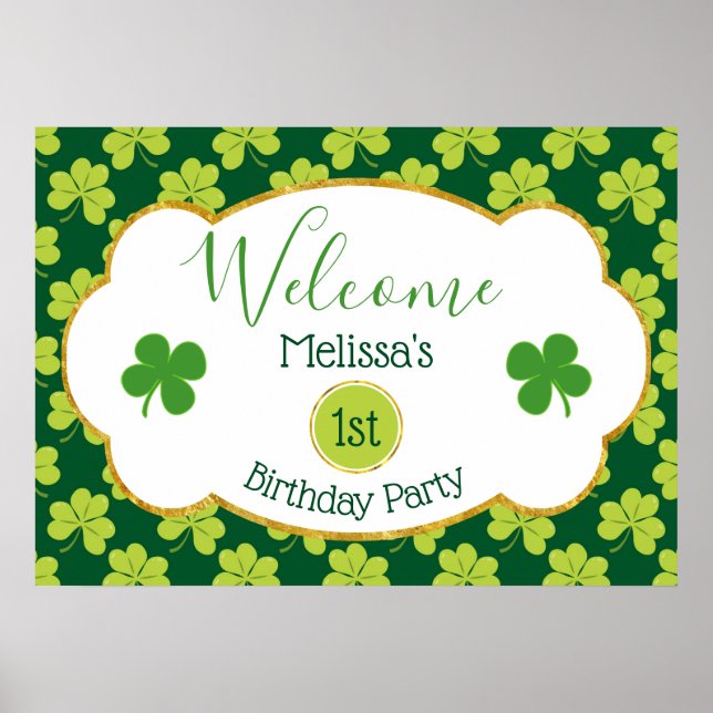 Cute Green Clover Pattern Birthday Welcome Poster (Front)