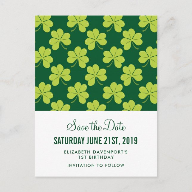 Cute Green Clover Shamrock Pattern Save the Date Postcard (Front)