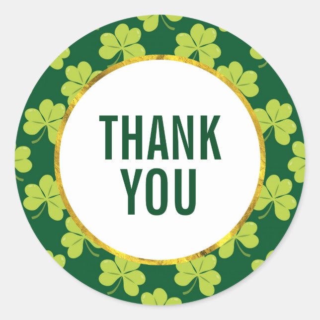 Cute Green Clover Shamrock Pattern Thank You Classic Round Sticker (Front)