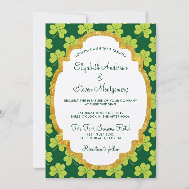 Cute Green Clover Shamrock Pattern Wedding Invitation (Front)