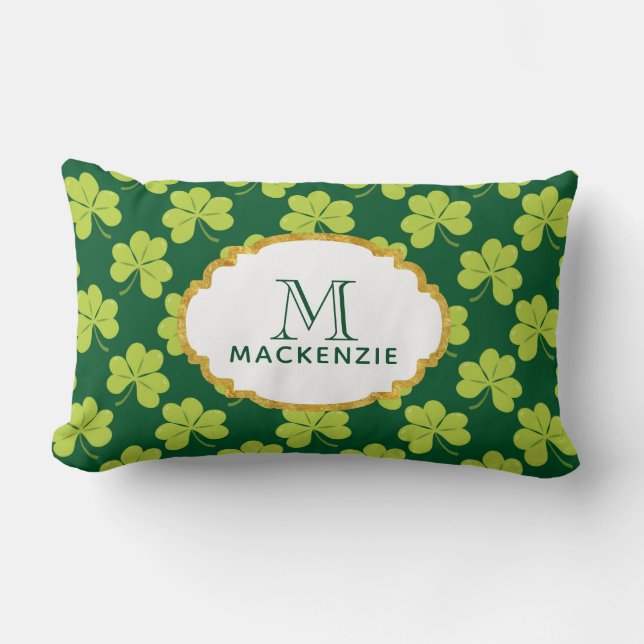 Cute Green Clover Shamrock Pattern with Monogram Lumbar Cushion (Front)