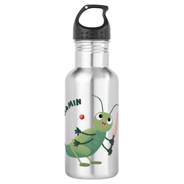 Cute green cricket insect cartoon illustration 532 ml water bottle (Front)
